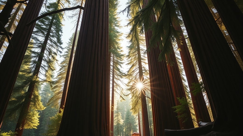 Sunlight streaming through the towering trees in Redwood National Park