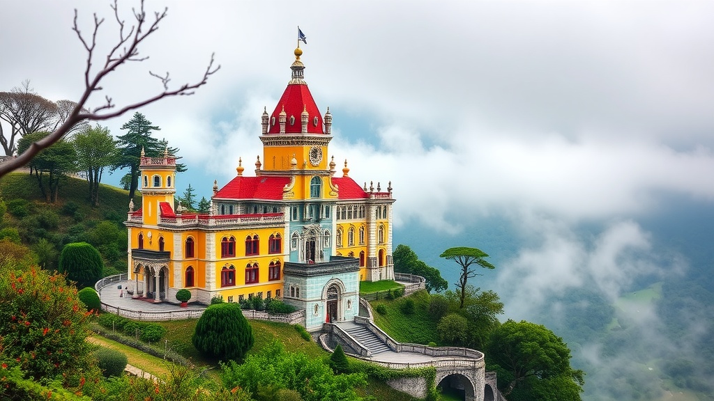 Pena Palace in Sintra, Portugal, showcasing vibrant architecture and lush gardens.