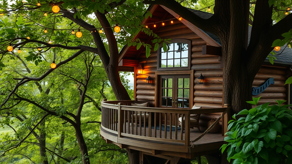 A cozy treehouse with a wooden balcony and warm lights, nestled among green trees.