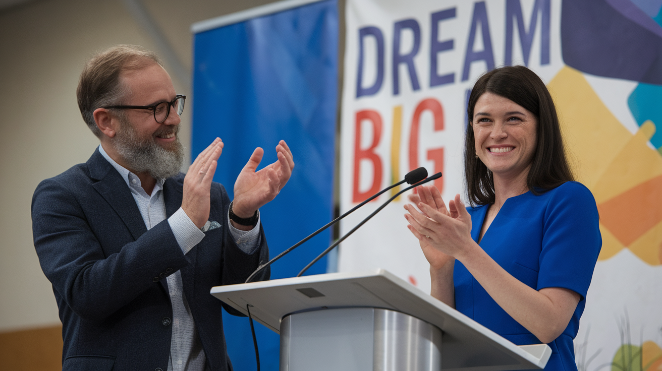 A man and a woman smiling and applauding at an event focused on dreaming big.