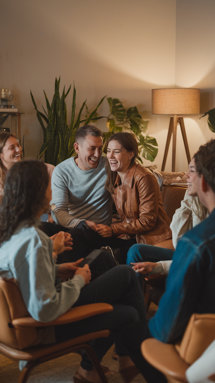 A group of friends laughing and enjoying each other's company in a cozy living room.