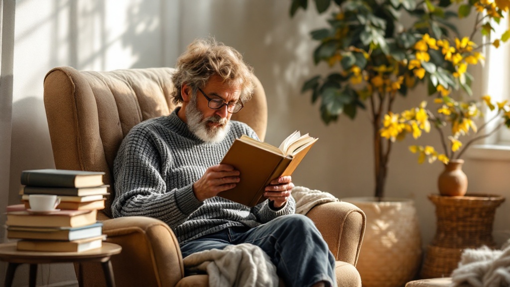 A man reading a book in a cozy chair with books nearby.