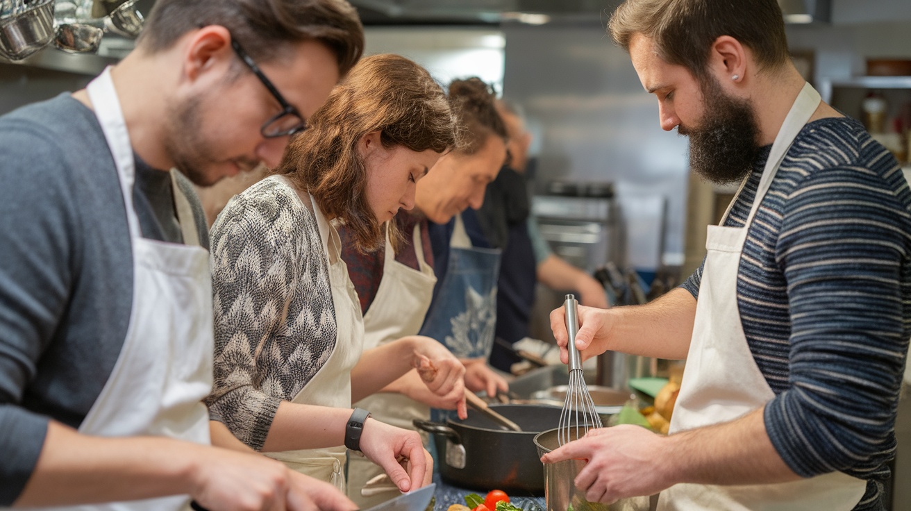 People engaged in a cooking class, smiling and sharing a fun experience.