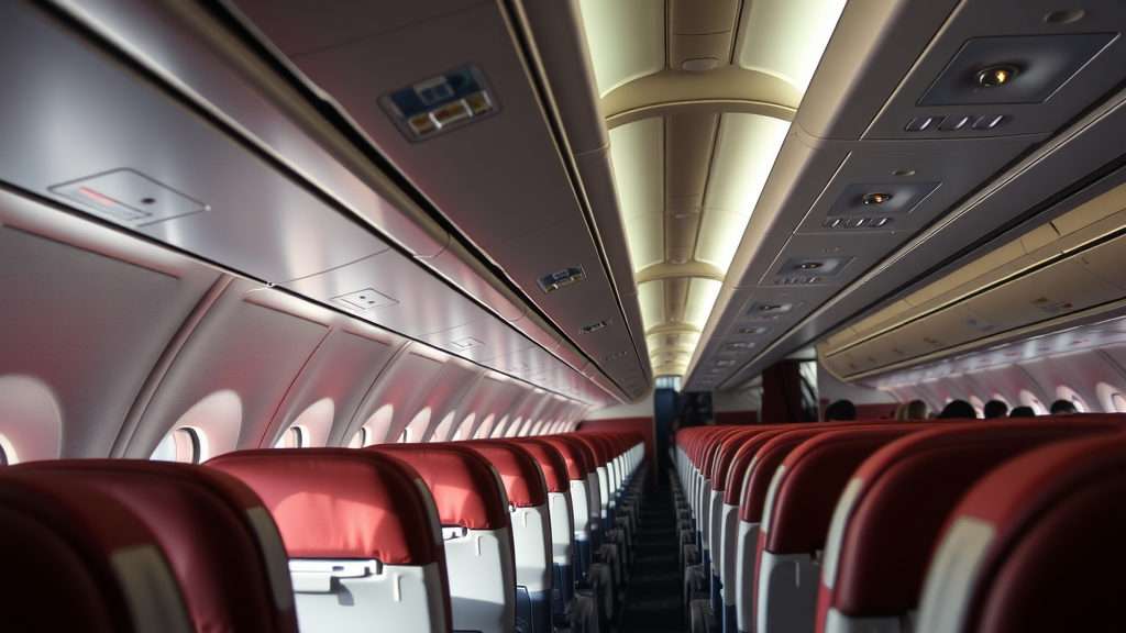 Illustration of passengers performing stretching exercises in an airplane.