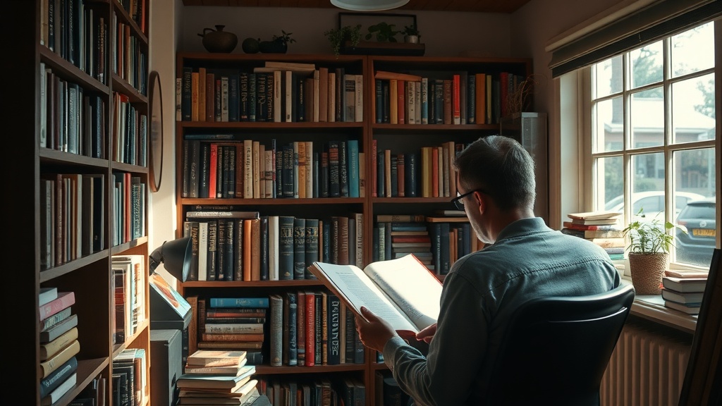 A person reading a book in a cozy library filled with books.