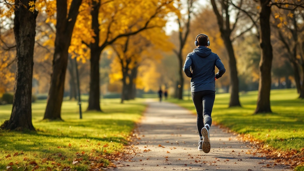 A person jogging in a park during autumn, wearing headphones and enjoying the scenery.