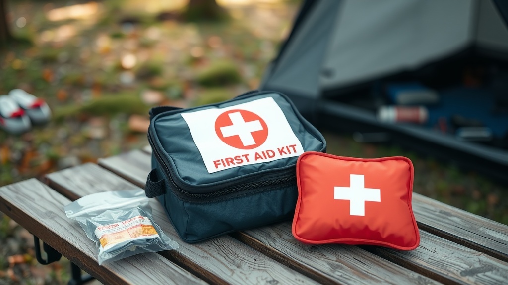 A first aid kit and various supplies arranged on a picnic table in a forest setting.