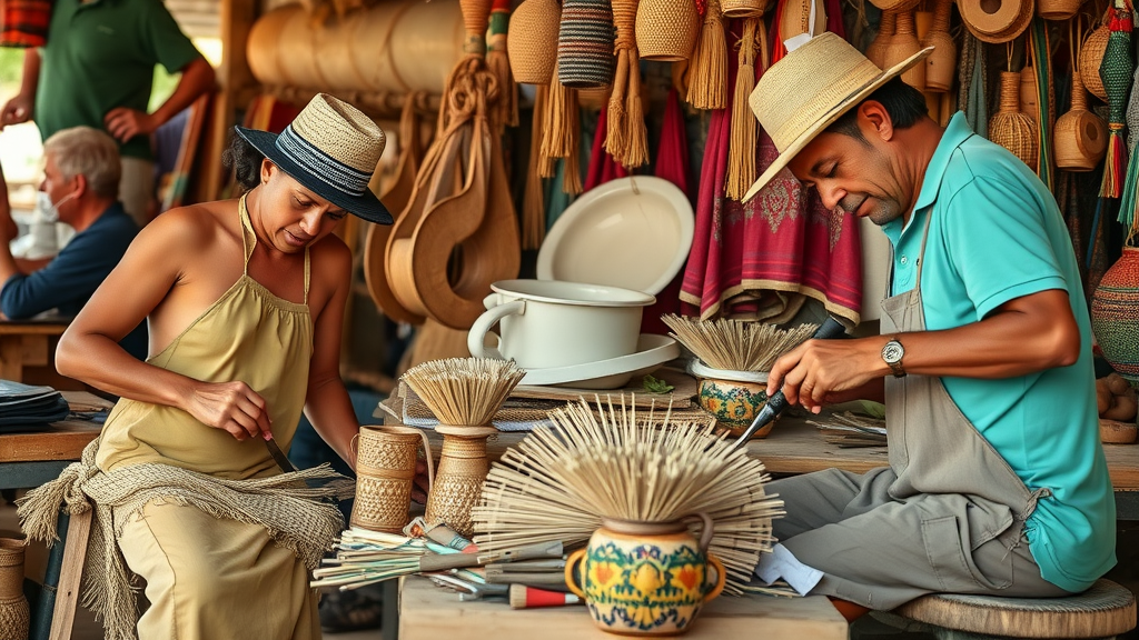 Local artisans working in a workshop filled with handcrafted items