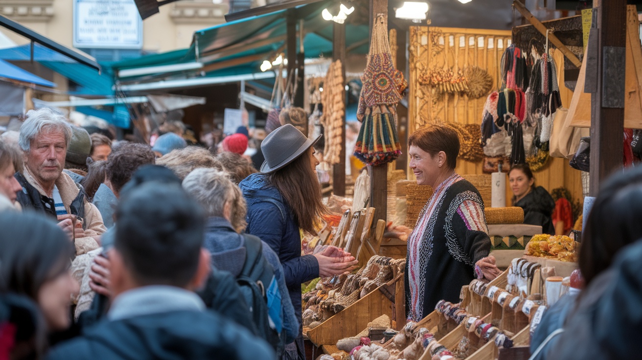 A busy market scene with vendors interacting with customers, showcasing local crafts and goods.