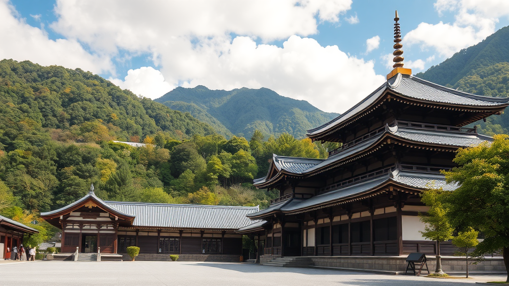 Engyo-ji temple complex on Mount Shosha surrounded by green mountains and blue skies.