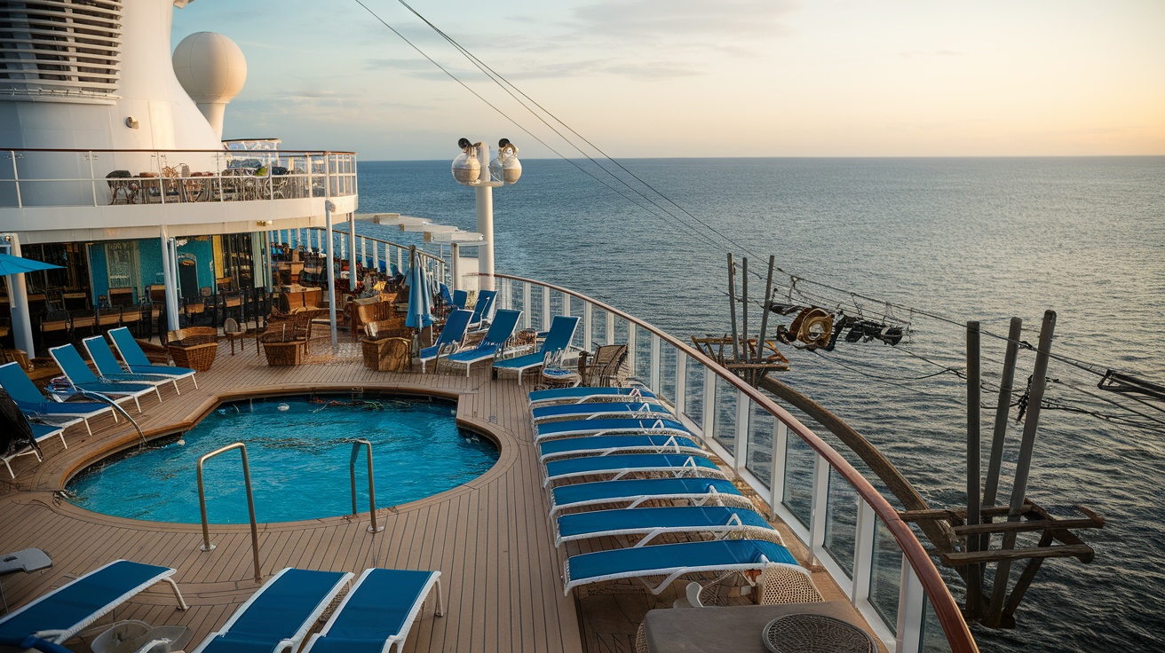 Cruise ship deck with pool and lounge chairs overlooking the ocean at sunset