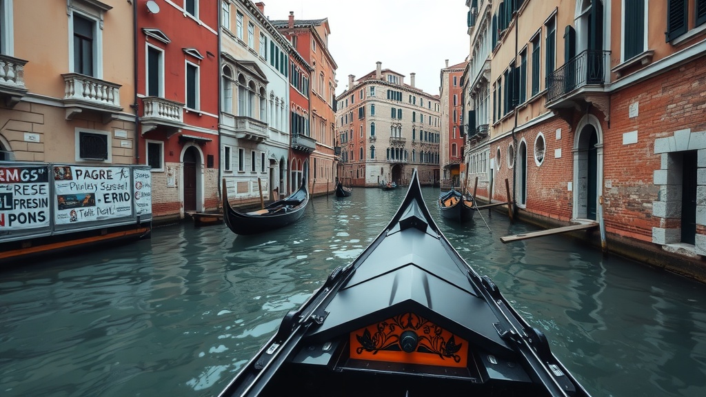 A gondola navigating through the serene canals of Venice, surrounded by colorful buildings.