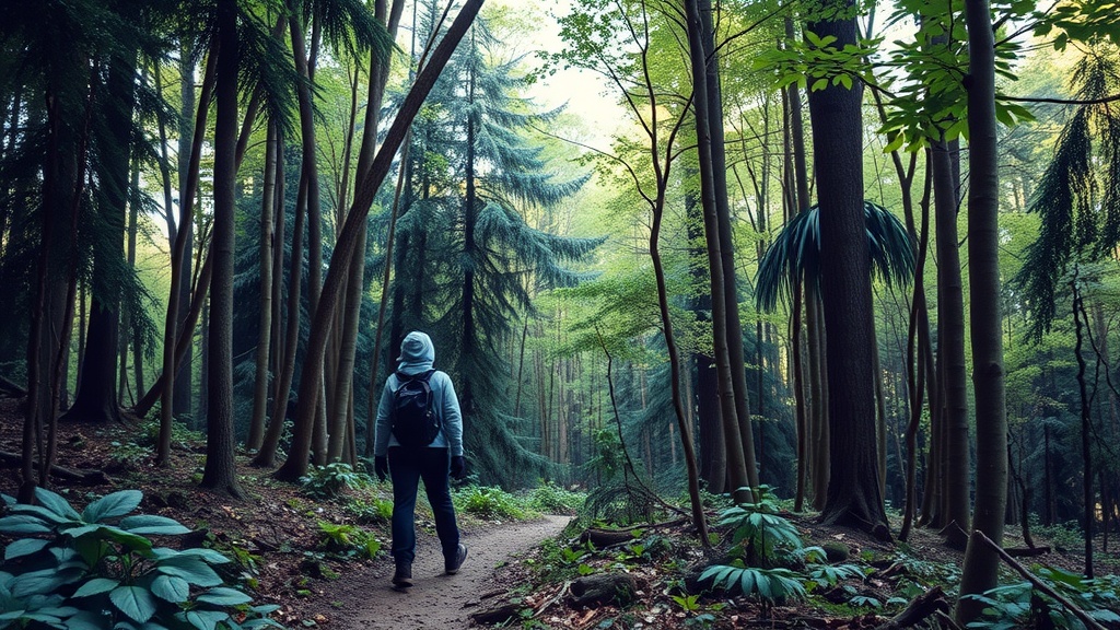 Person walking through a serene forest path surrounded by tall trees.