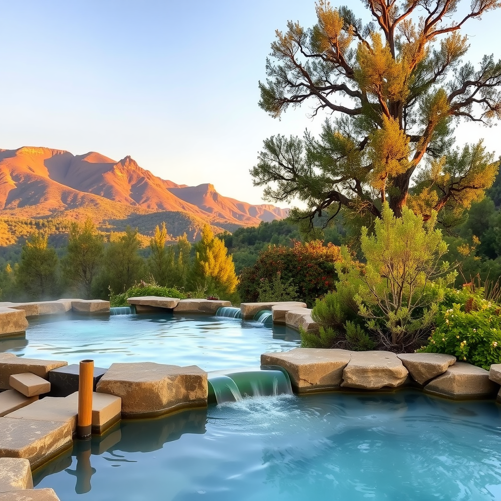 Natural hot springs in Paso Robles with scenic mountains in the background.