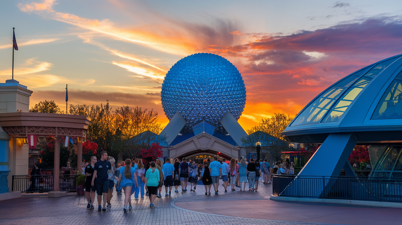 Sunset view of EPCOT with visitors walking towards the iconic Spaceship Earth.