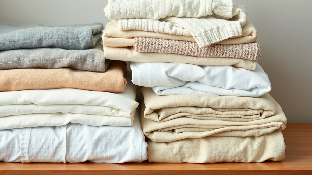 A stack of neatly folded clothing in neutral tones, showcasing essential minimalist wardrobe items.