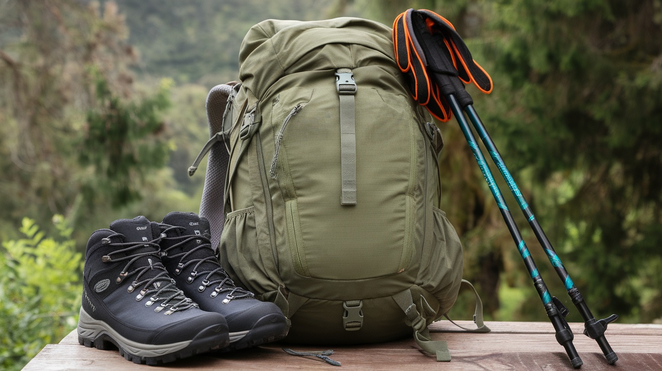 Image of trekking gear including boots, a backpack, and trekking poles.