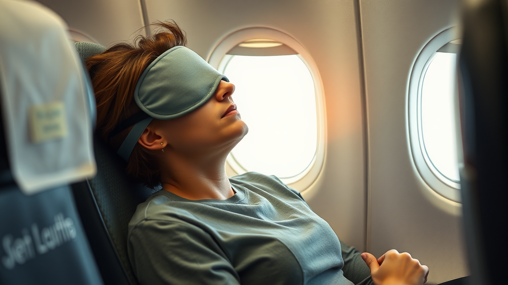 A woman wearing a sleep mask resting comfortably on a plane.