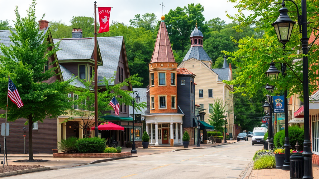 A picturesque street in Eureka Springs, Arkansas, featuring Victorian-style buildings and greenery.