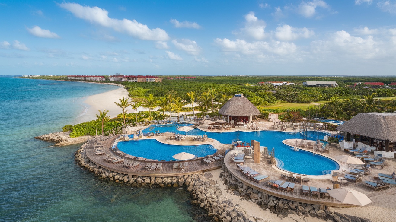 Aerial view of Excellence Playa Mujeres resort featuring a large pool and beach