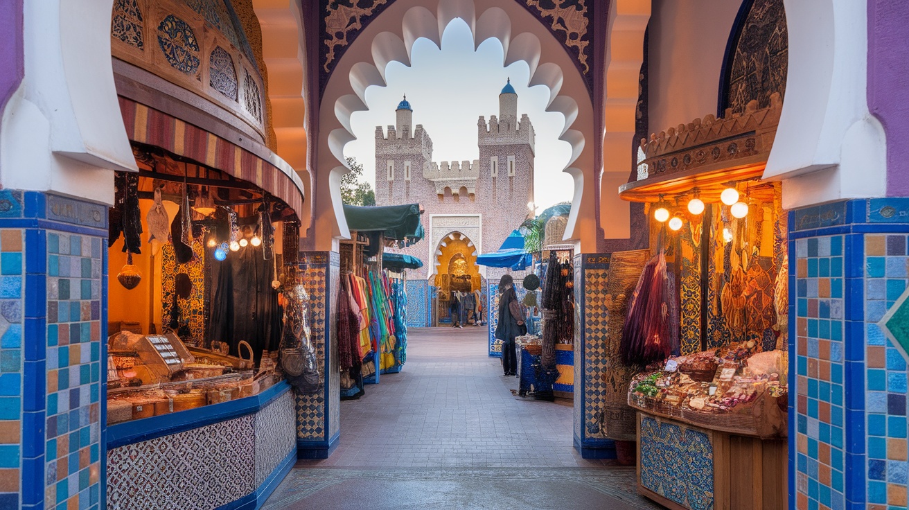 A view of the Morocco Pavilion at Epcot, featuring colorful market stalls and traditional architecture.