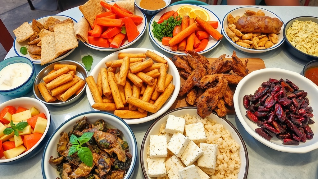 A variety of Greek dishes arranged on a table.