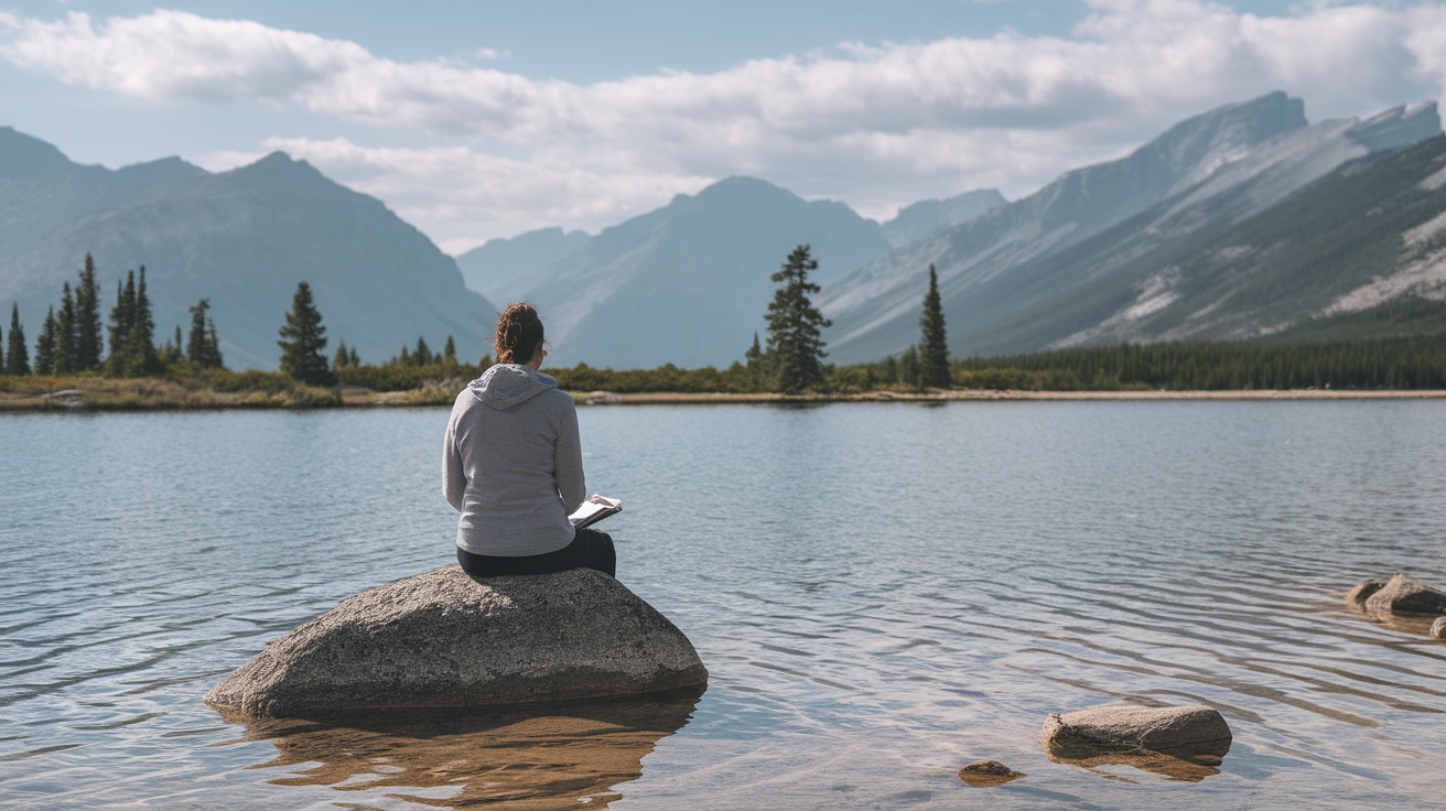 A person sitting on a rock by a lake, surrounded by mountains, reflecting and enjoying the scenery.