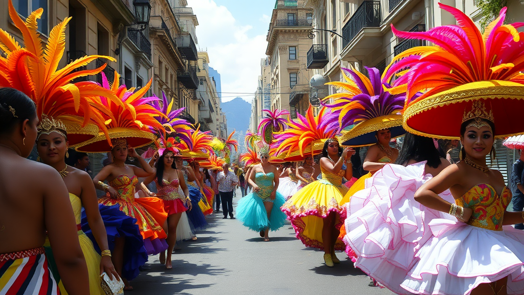 Dancers in colorful costumes with feathered hats parading down a street in Rio de Janeiro during a festival.