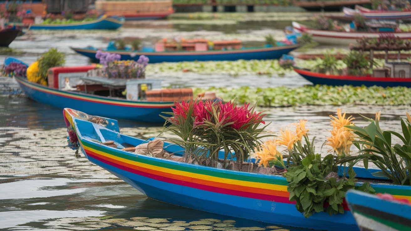 Colorful boats filled with flowers in the canals of Xochimilco