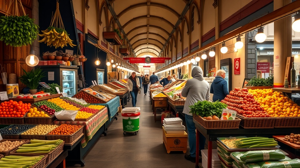 A vibrant local market in Bologna filled with fresh fruits and vegetables.