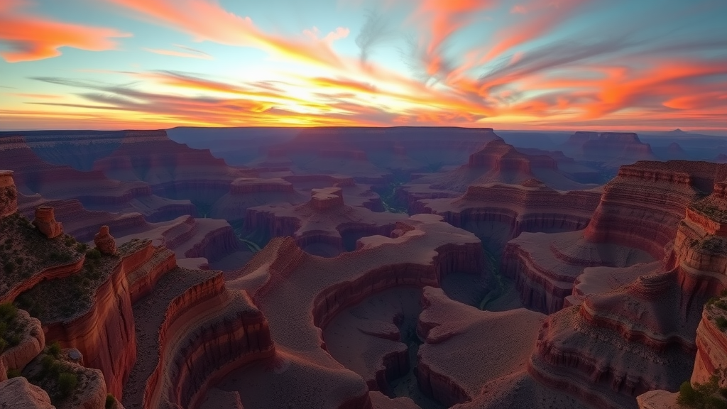 A breathtaking view of the Grand Canyon at sunset, showcasing the vibrant colors and layered rock formations.