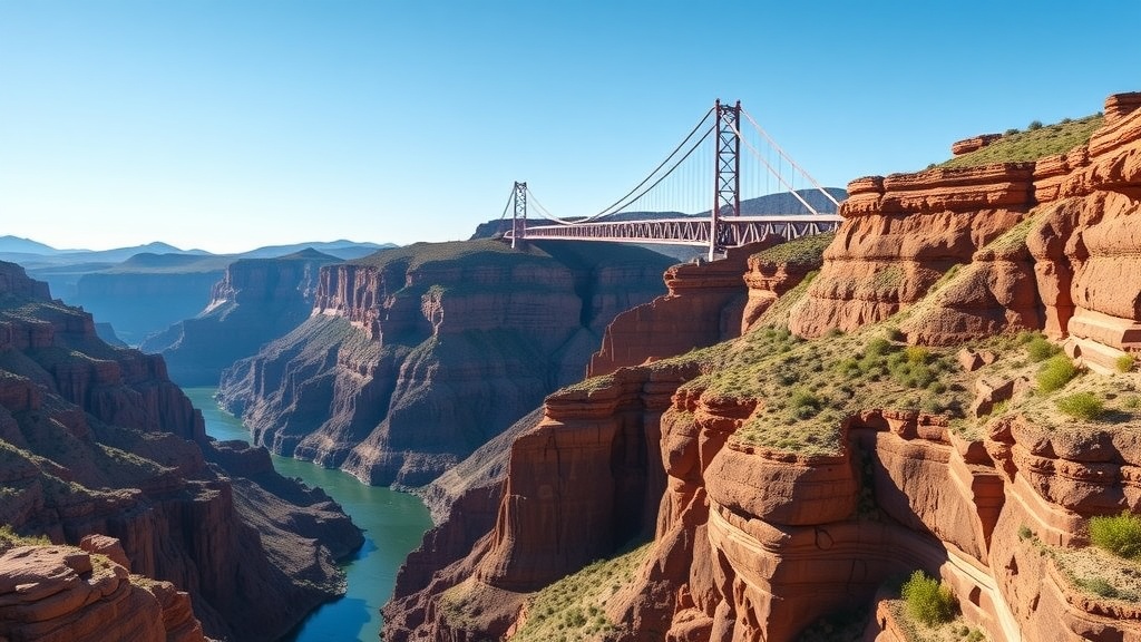 A scenic view of the Royal Gorge Bridge spanning a deep canyon with a river below.