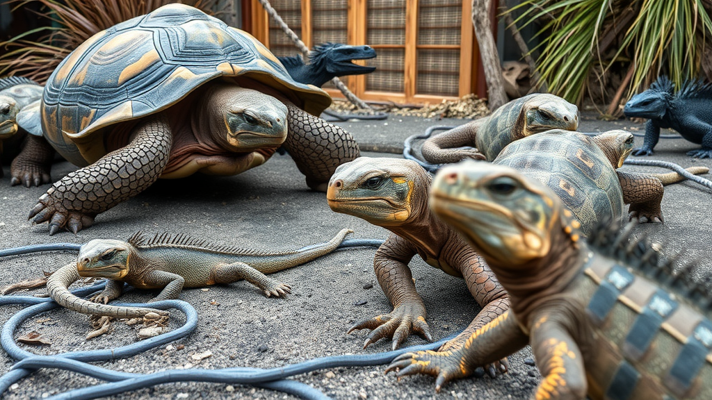 A group of tortoises and lizards, showcasing the unique wildlife of the Galapagos Islands.