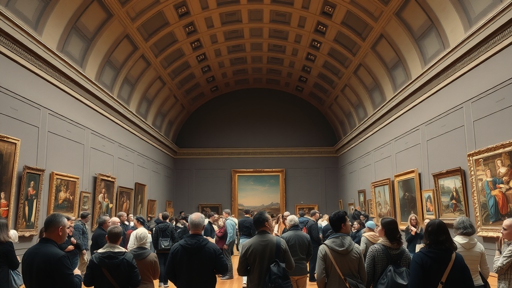 People exploring an art gallery in Florence, surrounded by classic paintings and sculptures.