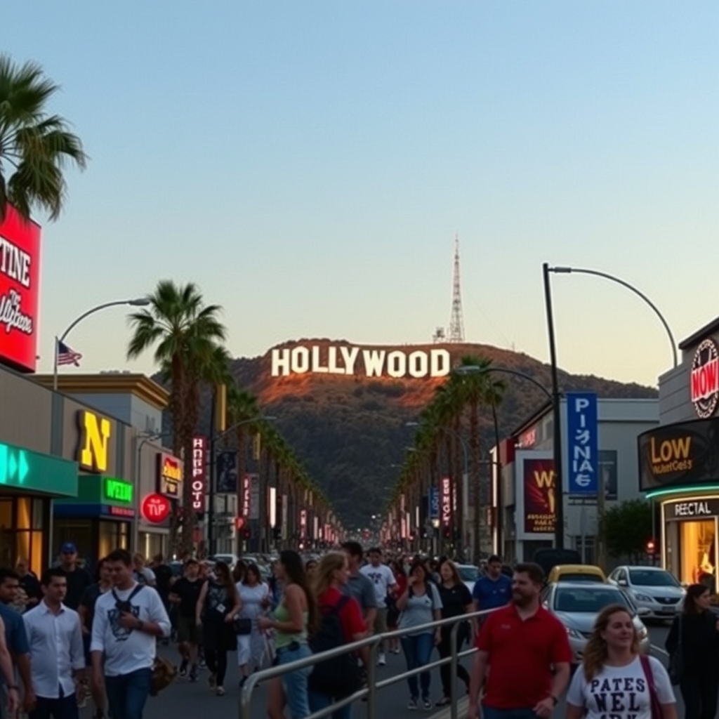 A bustling street in Los Angeles with the Hollywood sign in the background