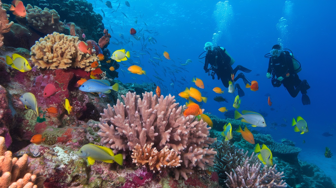 Two divers exploring the colorful coral and fish of the Great Barrier Reef