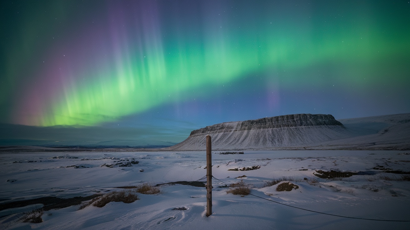 Northern Lights illuminating the sky above a snowy landscape in Iceland.