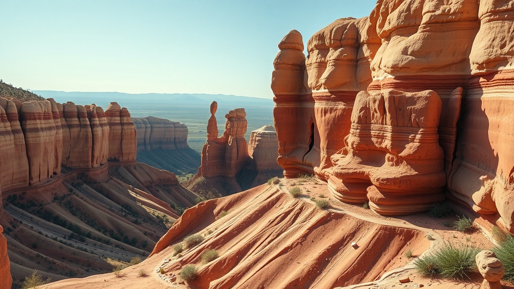 A scenic view of colorful geological formations in a national park, showcasing cliffs and hoodoos under a clear blue sky.