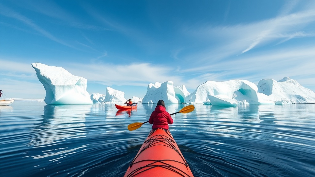 Two kayakers paddling among large icebergs in a calm sea.