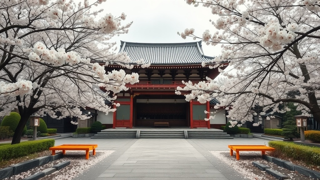 Cherry blossoms surrounding a temple in Kyoto during spring.