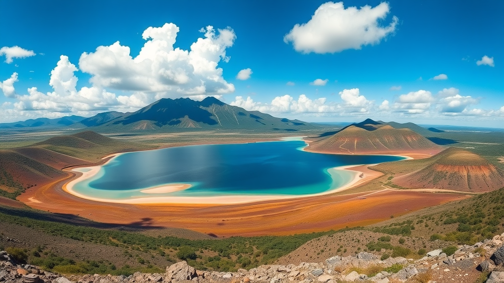 A panoramic view of Lake Enriquillo showcasing its blue waters surrounded by salt flats and mountains under a clear sky.