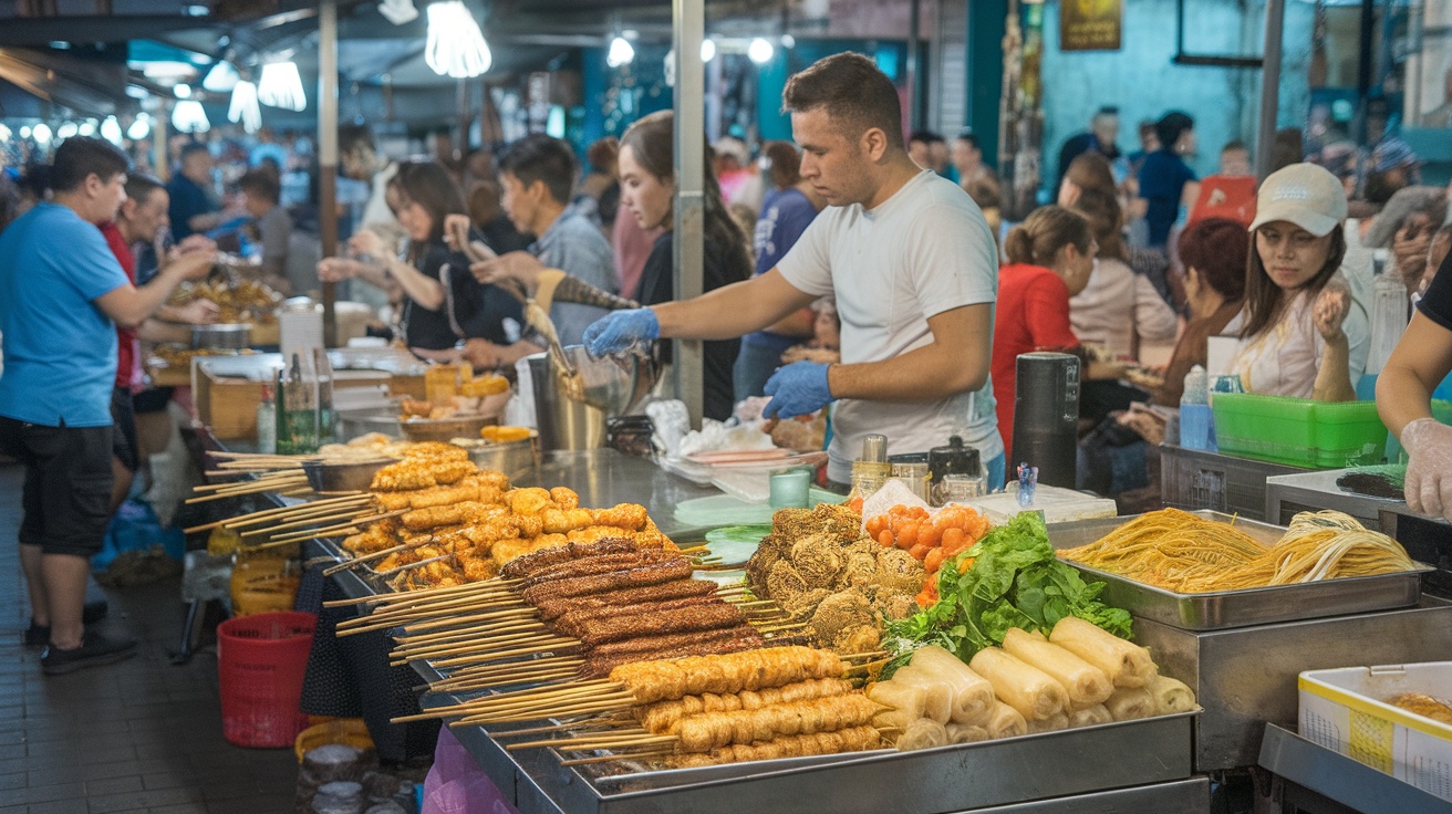 A busy food market with vendors serving various local dishes, featuring skewers, fresh vegetables, and customers enjoying their meals.