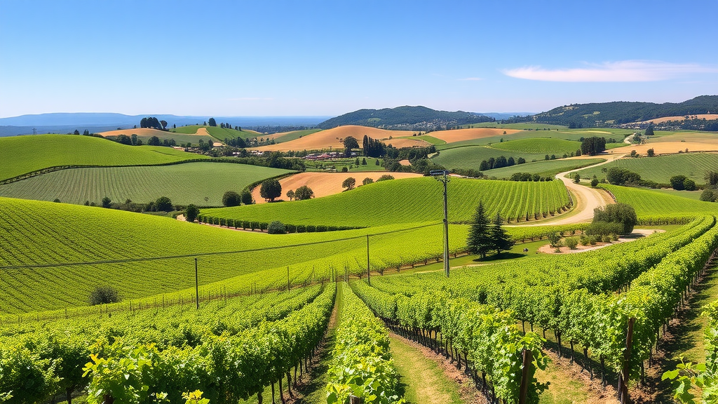 A picturesque view of Napa Valley vineyards with rolling green hills under a clear blue sky.