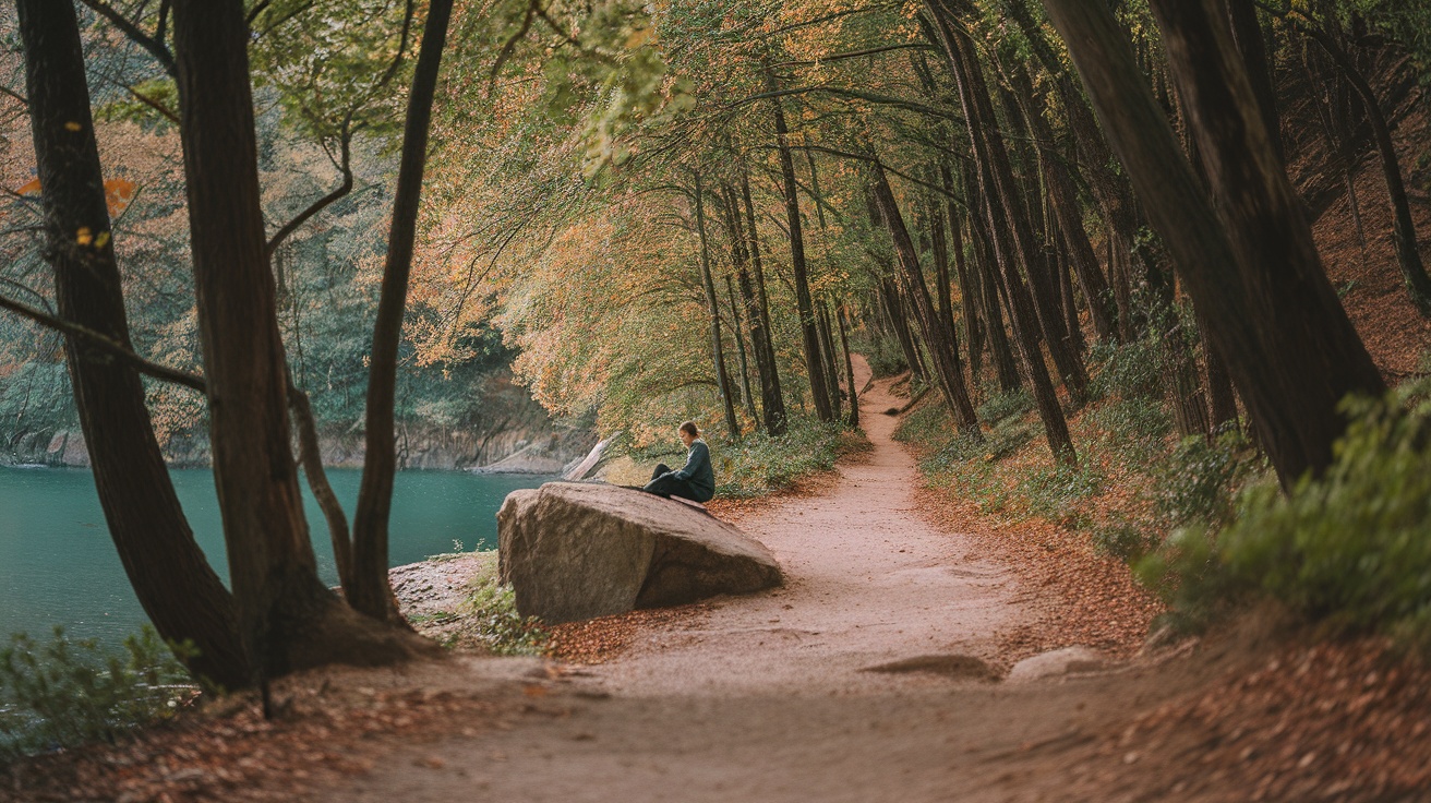 A person sitting on a rock by a serene lake, surrounded by trees and autumn foliage.