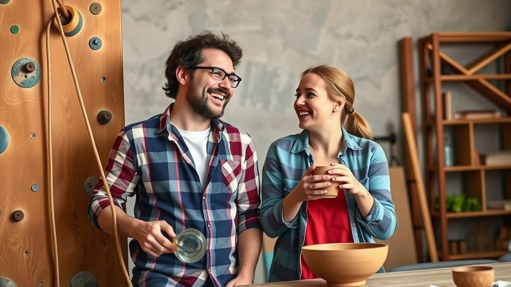 A couple enjoying a pottery class, smiling and engaged with each other.