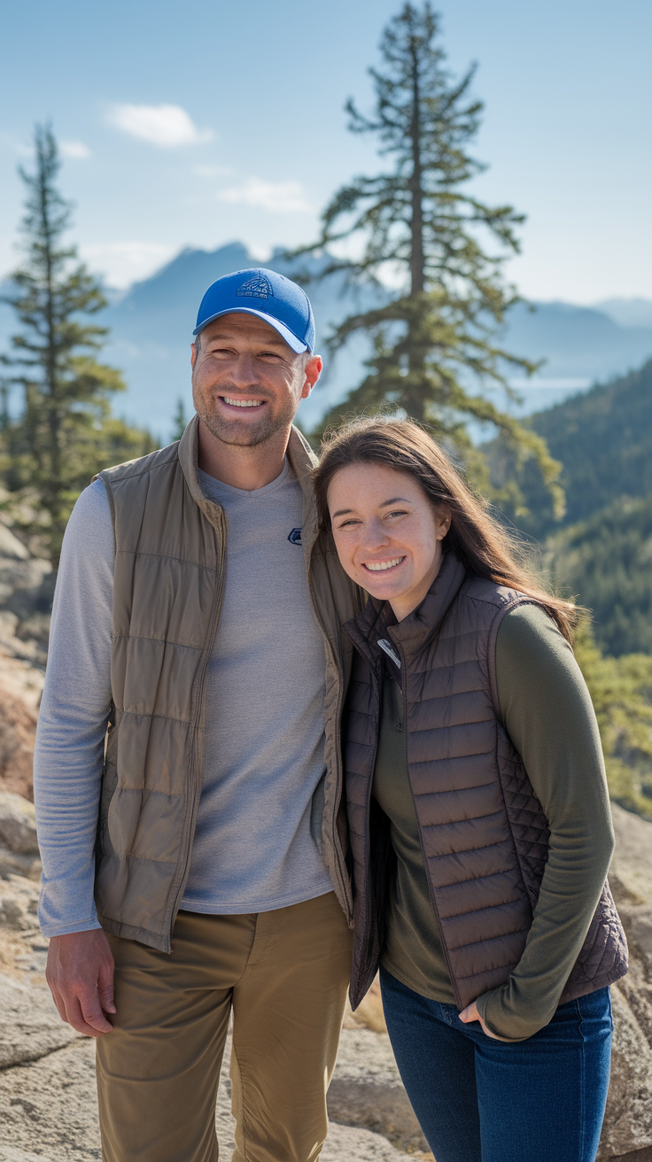 A couple smiling together outdoors with mountains in the background.