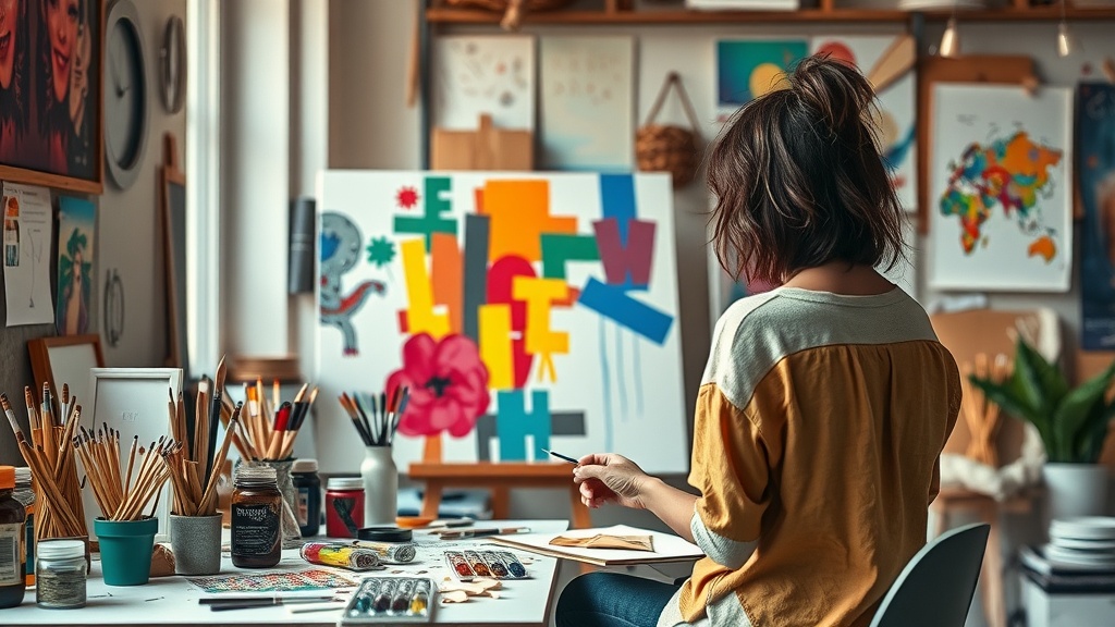 A person engaged in a creative activity in an art studio filled with supplies.