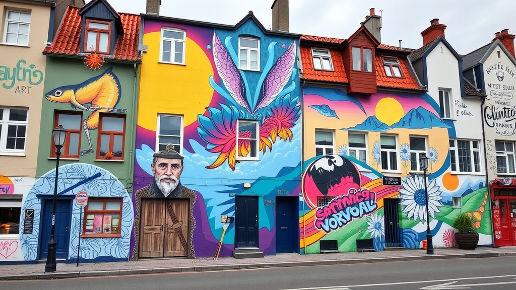 Colorful street art in Reykjavik, featuring various murals on building walls.