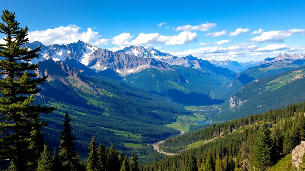 A scenic view of Rocky Mountain National Park featuring mountains, a lush valley, and a clear blue sky.