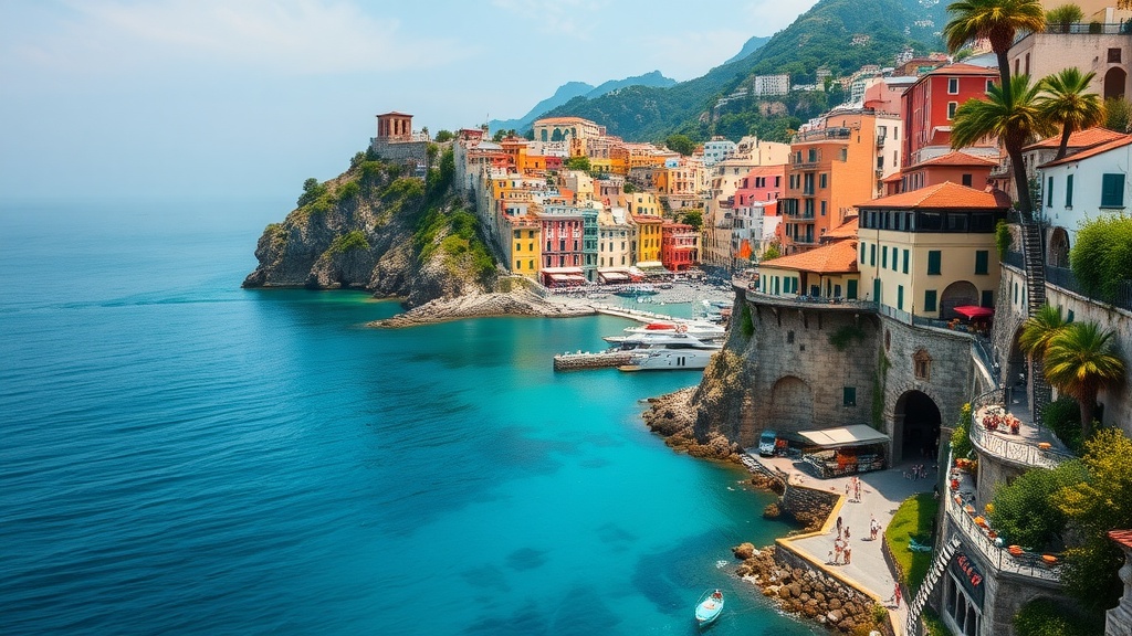 A beautiful view of the Amalfi Coast with colorful houses, blue water, and mountains in the background.